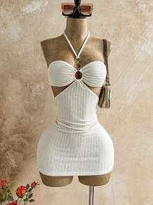 Soleia 女士性感露背吊带迷你连衣裙，度假风 - 杏色 - 查看 4