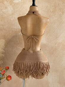 Soleia Choker Detail Fringe Knit Top Summer, Ibiza Fits, Holiday Vacation Sexy Festival Rave Knit Escapade Fall Country Autumn Winter Nashville - Khaki - View 2