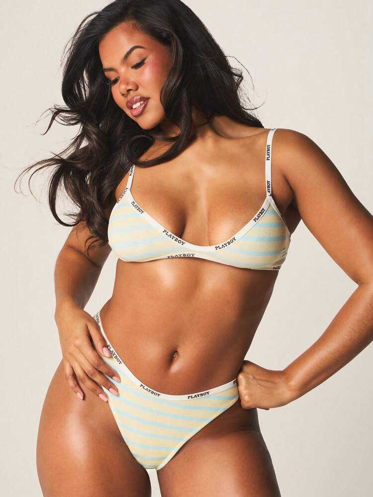 Missguided x Playboy Stripe Pattern Bra And Panty Set With Logo Elastic Tape Trim Lingerie Collection