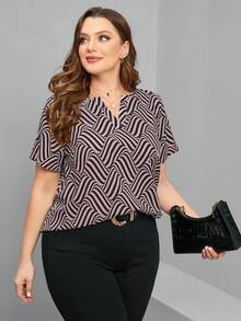 Chikora Summer Shirts Plus Size Short Sleeve Summer Blouse With Notched Lapel - Pink - View 1
