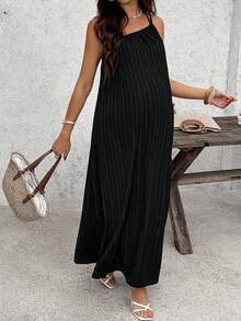 SHEIN Maternity Solid Color Spaghetti Strap Loose Casual Long Dress, Summer - Black - View 5