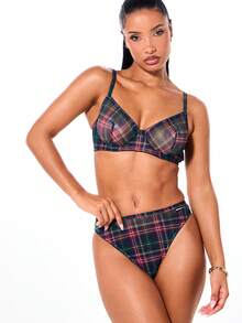 SUMWON WOMEN Plaid Mesh Balconette Bra And Hipster Panty Lingerie Set With Contrast Detailing For Intimate Occasions - Multicolor - View 6