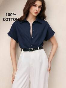 BizChic 女士百搭短袖翻领衬衫，现代优雅都市通勤日常百搭90年代复古风，适合圣诞节、新年、情人节、派对、海滩、毕业典礼、时尚、节日、假日、婚礼、约会、音乐会、早午餐、机场等场合。 - 藍色 - 查看 1