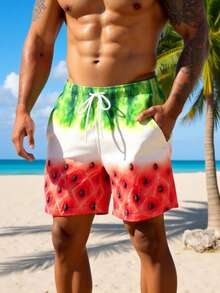Manfinity Swimmode 男士夏季度假风西瓜印花抽绳腰斜插口袋宽松沙滩短裤 男士西瓜泳裤 男士趣味泳裤 - 彩色 - 查看 5