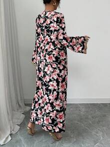 Al Najma 女士优雅拼接水溶蕾丝长袖连衣裙，秋季款 - 黑色 - 查看 2