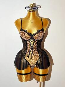 3pcs Set Sexy Leopard Print Lace Patchwork Deep V Sheer Criss-Cross Backless Jumpsuit - Multicolor - View 6