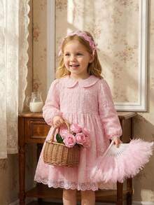 Souflis Souflis Đầm công chúa màu hồng bằng vải lưới thêu hoa thanh lịch cho bé gái, cổ Peter Pan, tay dài, thích hợp cho các dịp xuân, hè, thu như tiệc sinh nhật, chụp ảnh, đi học, v.v. - Hồng - Xem 1