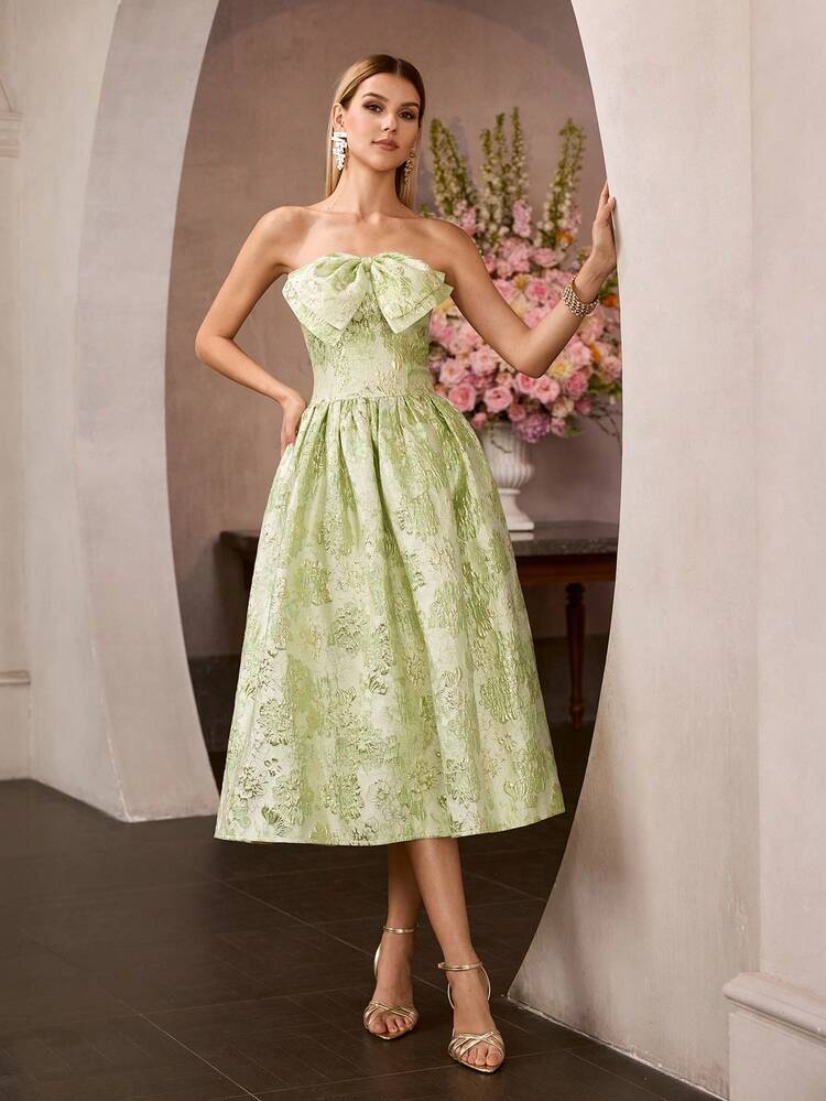 MOTF Soiréza VINTAGE STRAPLESS MIDI-LENGTH A-LINE PARTY DRESS WITH FLORAL JACQUARD MOTIFS, LARGE BOW AT NECKLINE, FITTED CINCHED WAIST & FLOWING DRESS – ELEGANT LUXURIOUS STYLE IDEAL FOR WEDDINGS, GALA DINNERS, AWARD CEREMONIES, CELEBRATIONS