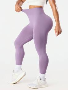 Dewbera 女士纯色高腰休闲百搭日常健身运动紧身裤 - 淡紫色 - 查看 3