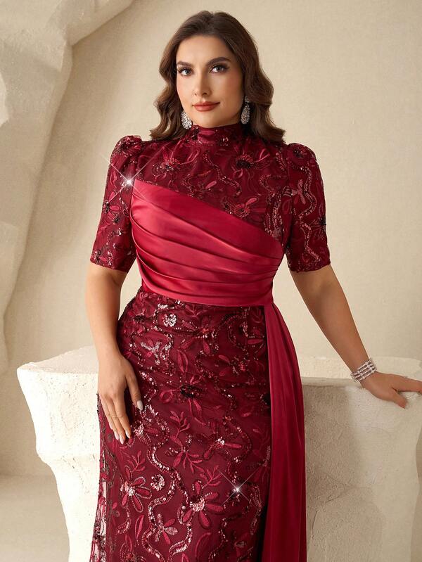 Coutiva Plus Size Beaded Embroidered Fabric Pleated Bust Waist Tie Maxi Dress For Mother Of The Bride