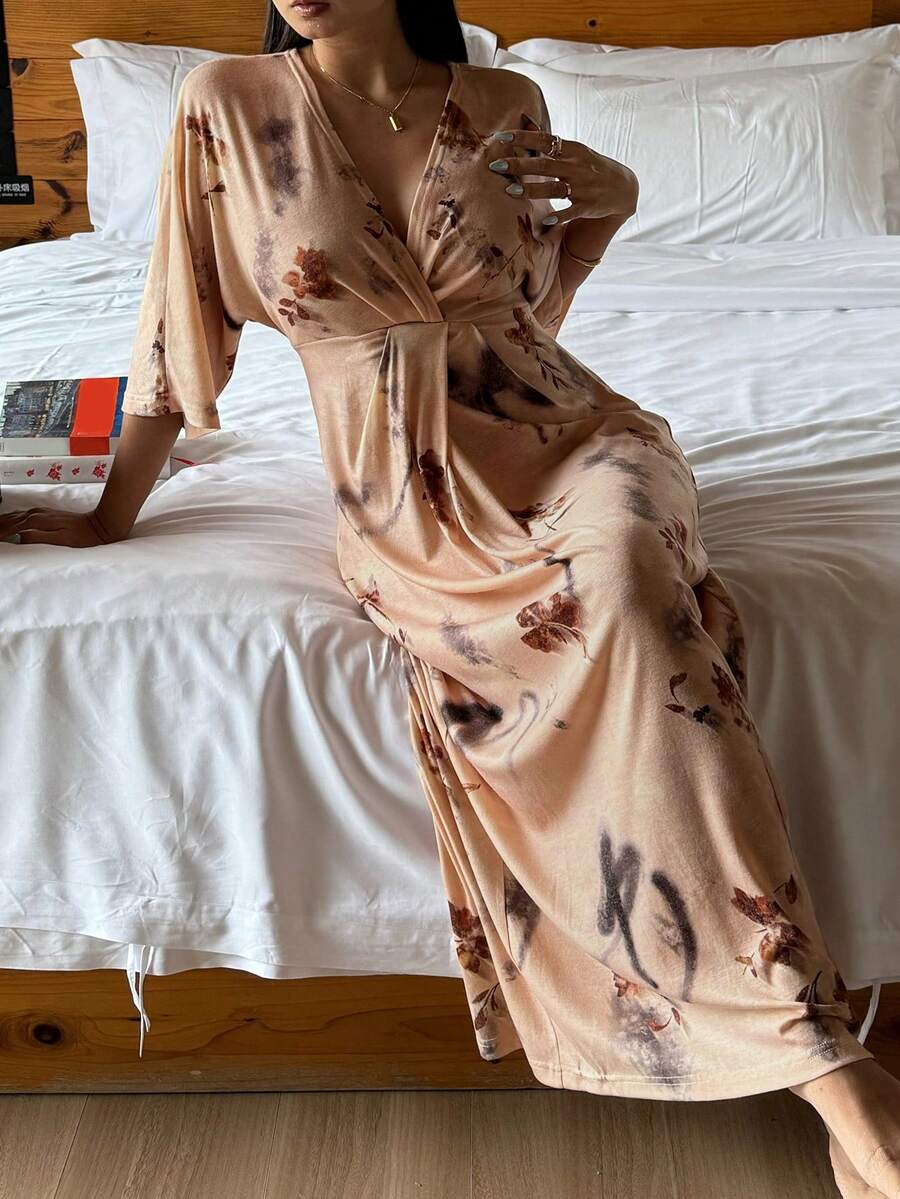 DAZY 扎染印花收腰长款女士睡裙，春夏款 - 杏色 - 查看 1