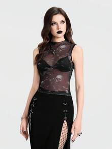 Breakform Women's Gothic Sexy Round Neck Mesh Printed Rose Skull Slim Fit Tank Top - Multicolor - View 5