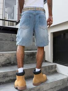 Manfinity EMRG Pantalones anchos y sueltos con parches de estrella y efecto desgastado, moda callejera de hip hop estadounidense para hombres - Lavado ligero - Ver 6