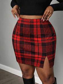 SHEIN PETITE CURVE 加大码格纹开衩修身半身裙 - 酒紅色 - 查看 6