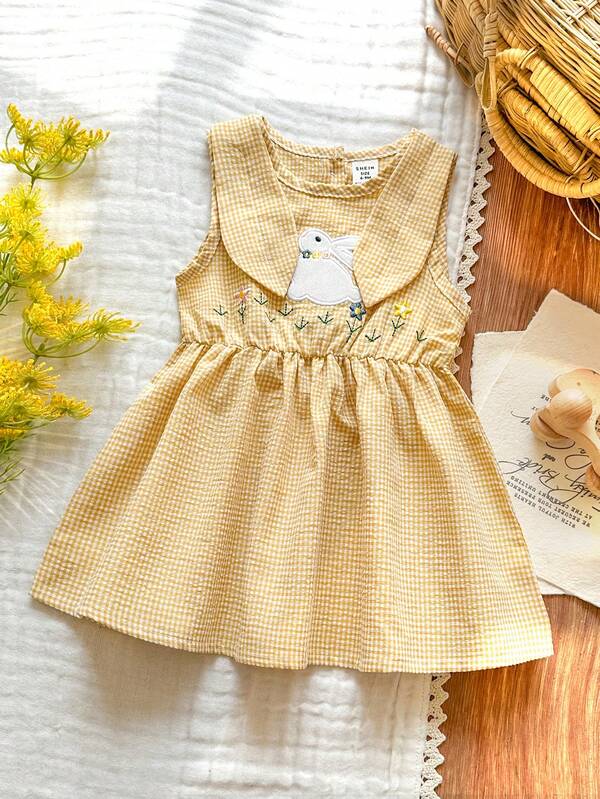 Vintaside Kids Vestido sin mangas con estampado a cuadros y bordado de conejito dulce y lindo para niñas pequeñas, adecuado para salidas diarias, juegos casuales, reuniones familiares, festivales y sesiones de fotos, verano