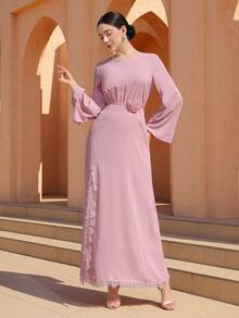 Graceveil 优雅花卉蕾丝拼接收腰开衩长袖派对都市连衣裙，粉色 - 藕粉色 - 查看 9