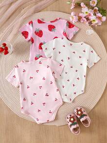 SHEIN Baby Girl Cherry Print Round Neck Short Sleeve Casual Romper - Multicolor - View 2