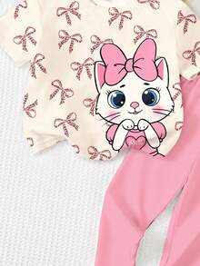 SHEIN Bộ áo thun tay ngắn cổ tròn dáng rộng màu trắng kem và hồng kem, in hình mèo dễ thương, kèm quần legging cho bé gái, kiểu dáng tối giản, mềm mại, thoải mái, thích hợp mặc hàng ngày vào mùa xuân/hè, phong cách đường phố, đi chơi, ở nhà, đi nghỉ mát. - Nhiều màu - Xem 8