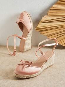 SHUZIA 女士优雅缎面踝带坡跟草编鞋 - 珊瑚粉 - 查看 7