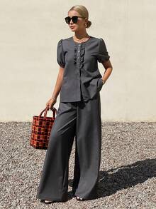 DAZY Women's Round Neck Short Sleeve Frill Trim Denim Shirt And Loose Fit Pants Casual Denim Outfit - Grey - View 3