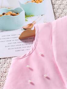 SHEIN Genkimix Kids 少女夏季时尚仿珍珠装饰西装背心和褶皱吊带连衣裙套装 - 玫紅色 - 查看 3