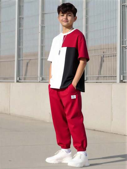 Vacaura 2 יחידות/סט של בני נוער אופנתיים מזדמנים עם צווארון עגול וצווארון קצר ומכנסיים בגזרה רחבה עם מותן אלסטי, מתאים לסתיו, אביב, קיץ, לבוש יומיומי, נסיעות, חוץ, ספורט, בית ספר, אופנת רחוב, מסיבה, צילומים