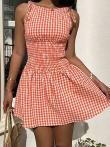 MainGRL Summer Casual Vacation Plaid Halter Mini Dress Orange Gingham Dress Checkered Dress Orange Summer Dress Orange Sundress - Orange - View 5