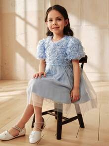 SHEIN Glamorique Kids 女童刺绣仿珍珠网纱纯色短袖连衣裙 - 藍色 - 查看 6