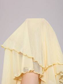 Solflare 大码女式纯色心形领口荷叶边袖口褶皱胸部夏季T恤，2026嘉年华女装造型，适合外出、海滩、度假、休闲穿着，奶油黄网眼T恤 - 黃色 - 查看 4