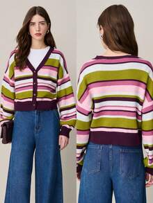 Nöista Cropped Button-Up Cardigan With Wide Horizontal Stripes. And Versatile For Spring, Spring Styling And Summer Casual Looks. - Red - View 4