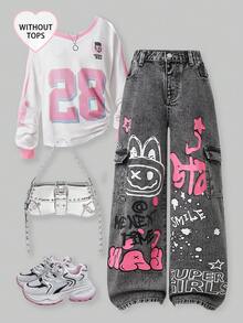 SHEIN ChillGRL Girls' Fashionable Sweet Heart Embroidery Straight Leg Loose Fit Jeans - Light Grey - View 1