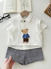 SHEIN LMoss Kids 男婴卡通熊印花背心、白色衬衫、松紧腰短裤三件套绅士套装 - 彩色 - 查看 8