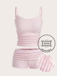 SHEIN EZwear 大码女式撞色蕾丝荷叶边吊带背心和短裤两件套 - 淺粉色 - 查看 1