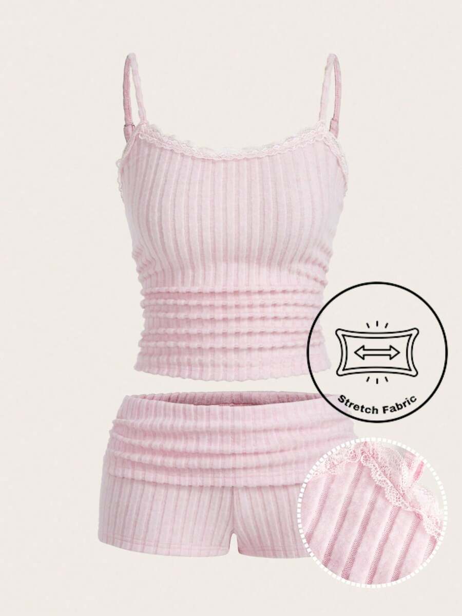 SHEIN EZwear 大码女式撞色蕾丝荷叶边吊带背心和短裤两件套 - 淺粉色 - 查看 1