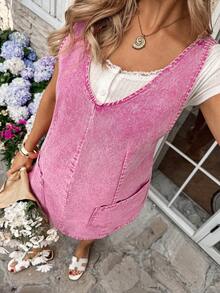 SHEIN Maternity V-Neck Sleeveless Denim Dress With Pockets, Casual - Pink - View 1