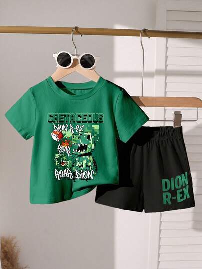 Set de 2 piezas con camiseta de manga corta de cuello redondo con estampado de dinosaurio y gráfico, y pantalones cortos para niño pequeño, conjunto deportivo casual, adecuado para festivales, fiestas, primavera/verano, ligero y cómodo, ideal para uso en verano