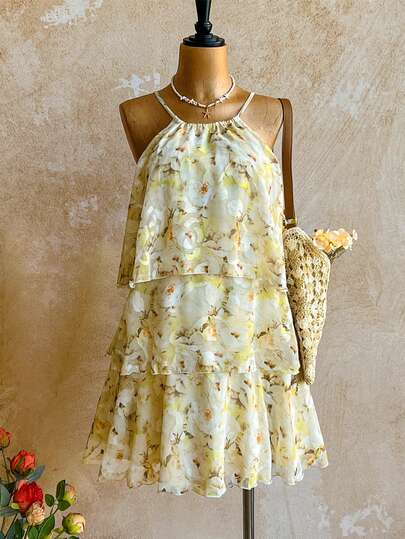 Soleia Beach Outfit For Women  Summer Outfits Vacation Outfits Women Beach Outfits For Women Vacation Dress Women's Casual Vacation Multi-Layer Printed Mini Dress Carnival Women