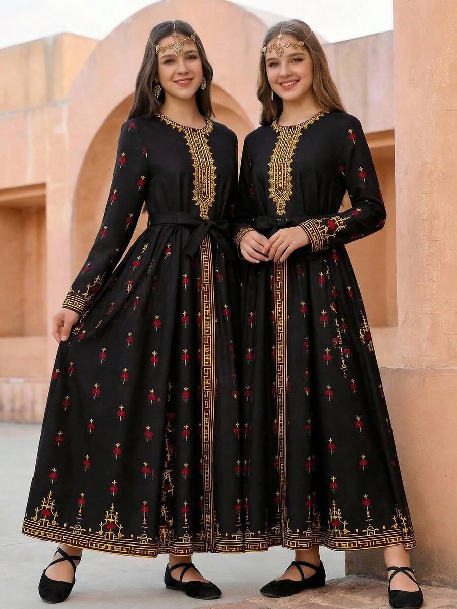 Teen Girl Floral Print Round Neck Long Sleeve Gold Trim Bohemian Style Dress - Black - View 1