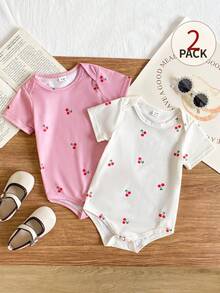 SHEIN Baby Girl Bodysuits 2-Piece Infant Girls' Cherry Print Short Sleeve Rompers Cherry Baby Clothes - Multicolor - View 10