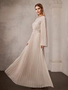 MOTF Soiréza Đầm maxi dự tiệc nữ thanh lịch, ôm sát, cổ tròn, tay dài xòe, chất liệu chiffon xếp ly với họa tiết đính cườm lấp lánh, hoàn hảo cho đám cưới, dạ hội và tiệc tùng mùa xuân hè. - Màu be - Xem 5