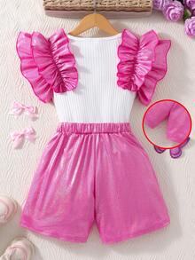 Elladie kids Bộ đồ công chúa lấp lánh cho bé gái gồm áo không tay và quần short đính nơ, thích hợp cho tiệc sinh nhật và biểu diễn sân khấu. - Màu Hồng Tươi - Xem 2