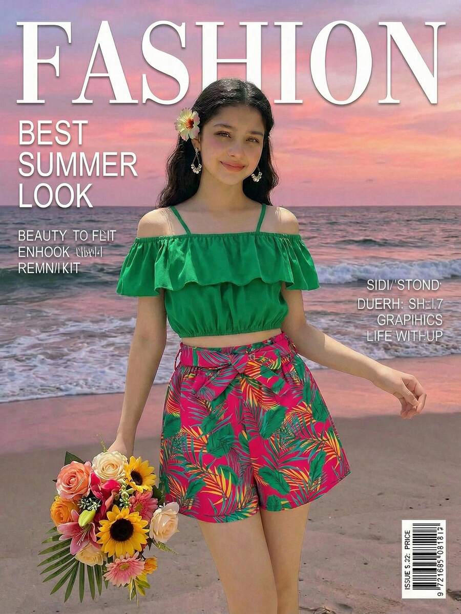 Set de 2 piezas de top corto verde hombros descubiertos y shorts con estampado de hojas tropicales para niñas preadolescentes, primavera/verano - Multicolor - Ver 1