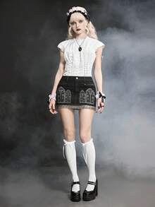 ROMWE Goth Dark Monastery Church Print Contrast Lace Trim Metal Waist Chain Denim Mini Skirt - Black - View 2