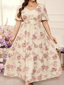Modelyn Vestido Romántico de Gasa con Estampado Floral, Mangas Abullonadas, Corte A, Talla Grande, Primavera/Verano - Multicolor - Ver 6