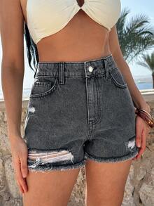 SHEIN Cottnline High Waist Grey Mini Denim Woman Short - Grey - View 6