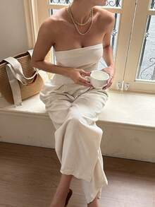 DAZY 女士宽松腰部褶皱连体裤 - 杏色 - 查看 2