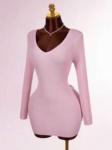 Amplova Women's Backless Bow Tie Mini Long Sleeve Dress, Red Sexy Sweater Suitable For Dates, Valentine's Day Parties, Casual And Sexy Daily Wear - Pink - View 4