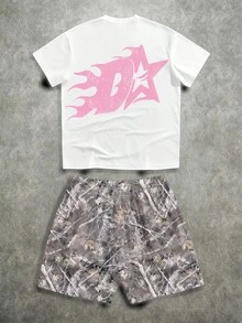 Manfinity ZONE917 Plus Size Men Street Style Pink Camo Print Graphic Hoodie Set Camouflage Shorts Set - Multicolor - View 5