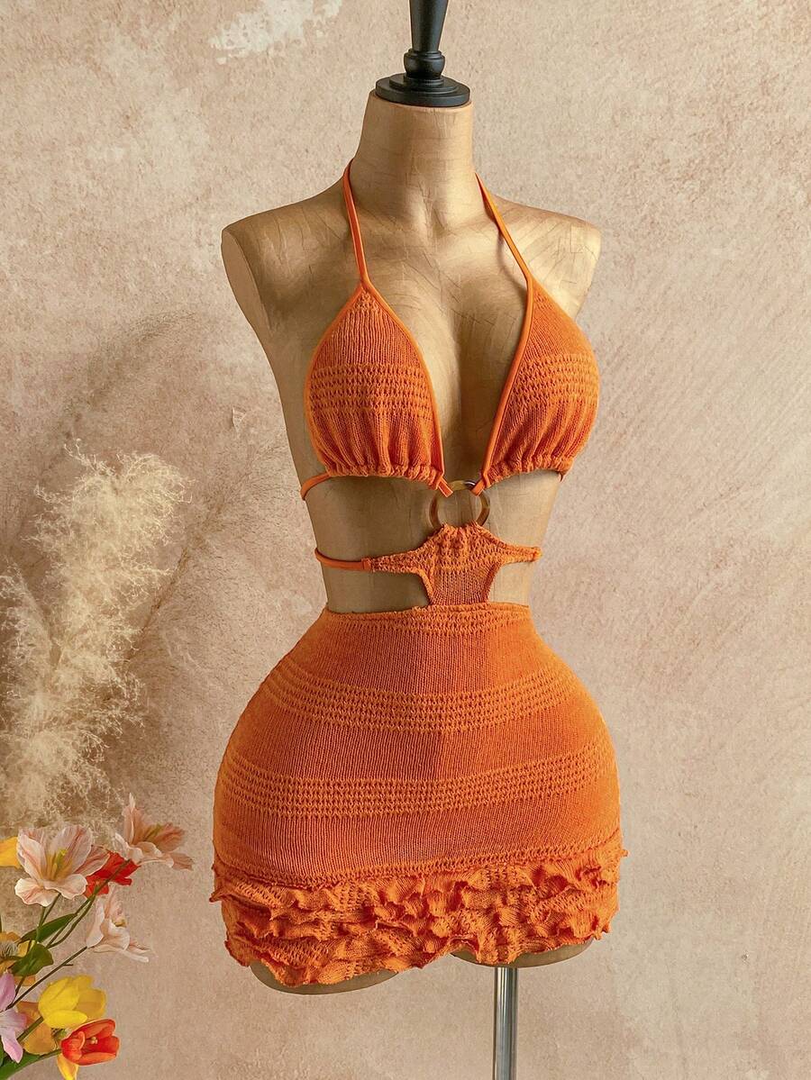 Soleia 女士纯色吊带镂空修身时尚迷你连衣裙，夏季 - 橘色 - 查看 1