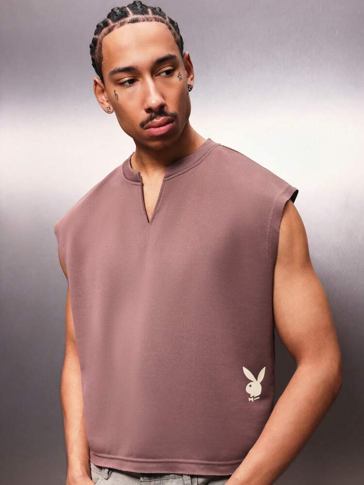PLAYBOY X SUMWON Men's Sleeveless V-Neck Tank Top With Bunny Logo Casual Summer Essentials Regular Fit